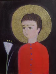 Fiú liliommal, 2002 (akril és aranylevél a vászonon)